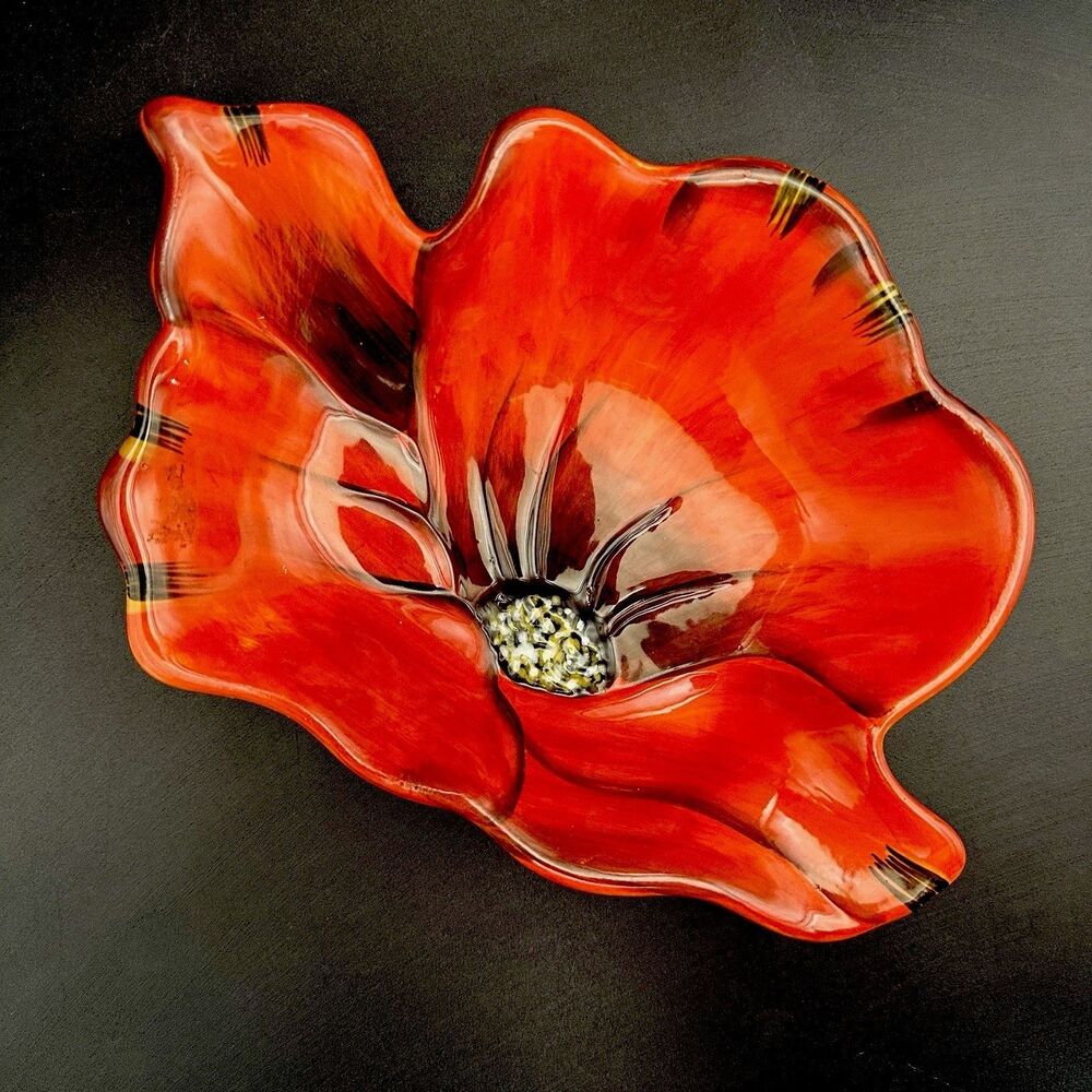 Vintage Clay Art Poppies Red Flower Shaped Ceramic Serving Bowl Dish 10.5”